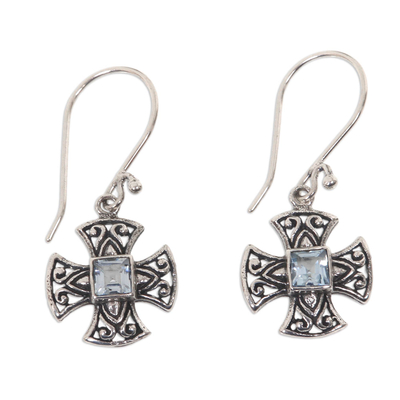 Balinese Handcrafted Silver and Blue Topaz Cross Earrings