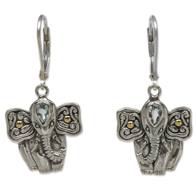 Balinese Blue Topaz Sterling Silver Elephant Dangle Earrings