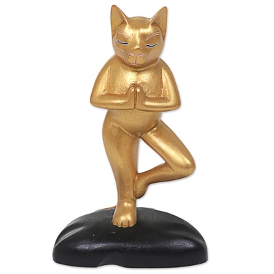 Hand Carved Gold Tone Wood Sculpture Cat from Indonesia