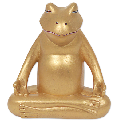 Hand Made Gold Tone Wood Frog Sculpture from Indonesia