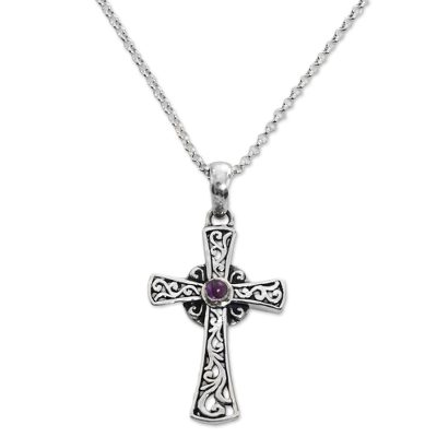 Sterling Silver Amethyst Cross Pendant Necklace Indonesia
