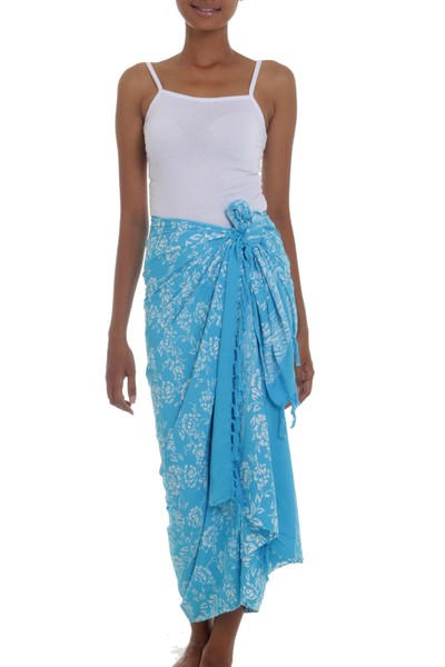 Cerulean Blue Rayon Batik Sarong with Fringed Ends