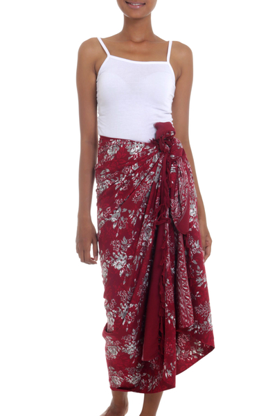 Red Floral Rayon Sarong with Hand Stamped Batik Pattern