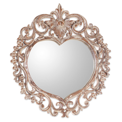 Hand Carved Wood Heart Shaped Wall Mirror from Indonesia