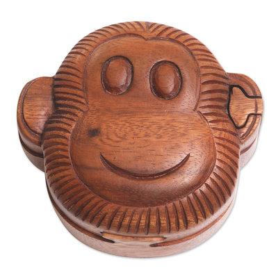 Hand Made Wood Puzzle Box Monkey Face from Indonesia