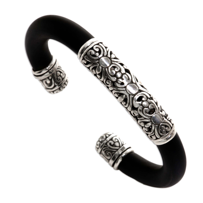 Handcrafted Sterling Silver and Rubber Balinese Cuff Bracelet