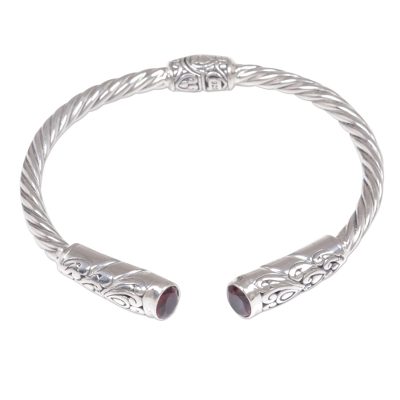 Red Garnet Sterling Silver Cuff Bracelet Floral Rope Pattern
