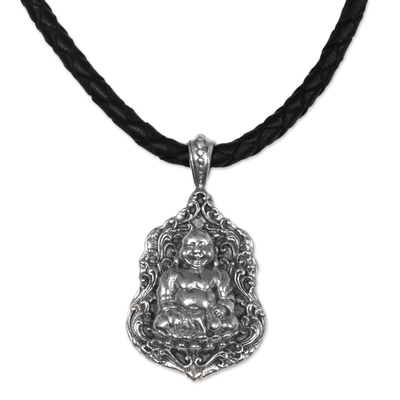 Sterling Silver Leather Buddha Pendant Necklace Indonesia