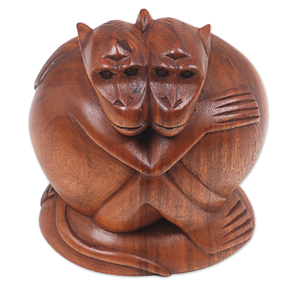 Hand Carved Sculpture of Two Monkeys from Indonesia