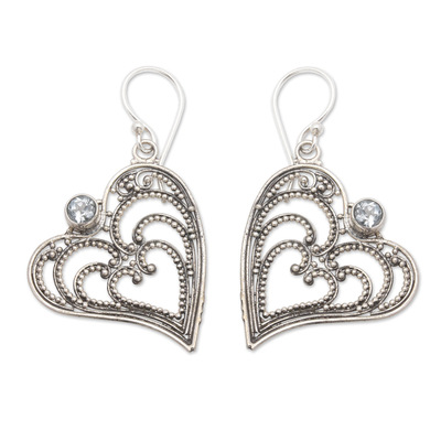 Blue Topaz and Sterling Silver Heart Shaped Dangle Earrings
