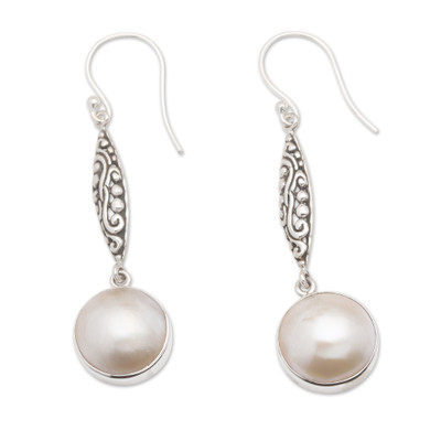 Bali Cultured Mabe Pearl and Sterling Silver Dangle Earrings