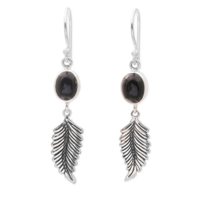 Balinese 925 Sterling Silver Feather Earrings with Onyx