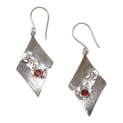 Sterling Silver and Garnet Rhombus Dangle Earrings Indonesia