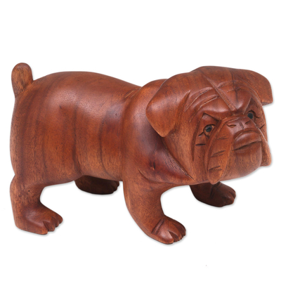 Hand Carved Suar Wood Bulldog Puppy Sculpture from Bali