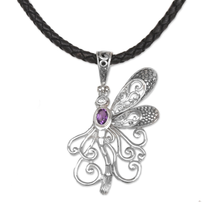 Balinese Amethyst and Leather Dragonfly Pendant Necklace