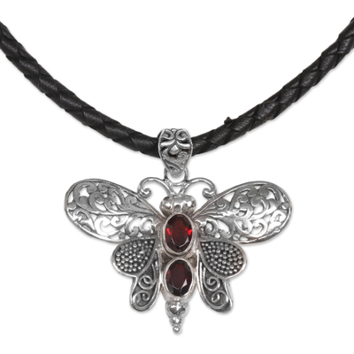 Garnet and Leather Moth Pendant Necklace from Indonesia