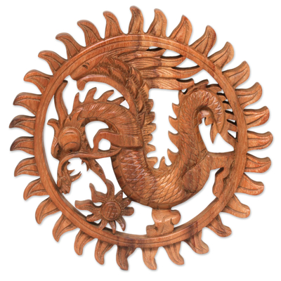 Hand Made Circular Wood Relief Panel of a Balinese Dragon