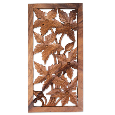 Hand Made Square Floral Wood Relief Panel from Indonesia
