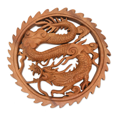 Hand Carved Wood Relief Panel of a Dragon from Indonesia
