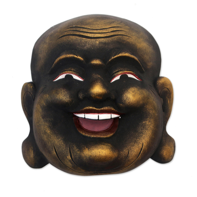 Gold Tone Wood Wall Mask of a Balinese Laughing Buddha