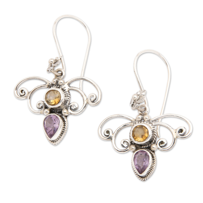 Citrine and Amethyst Spiral Dangle Earrings from Bali