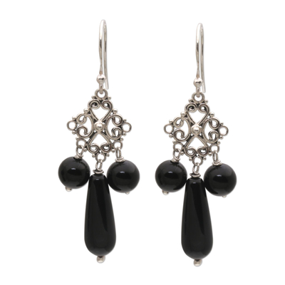 Onyx and Sterling Silver Chandelier Earrings from Indonesia