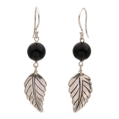 Black Onyx Leaf Dangle Earrings from Indonesia