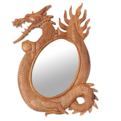 Hand Carved Wood Wall Mirror with a Balinese Dragon