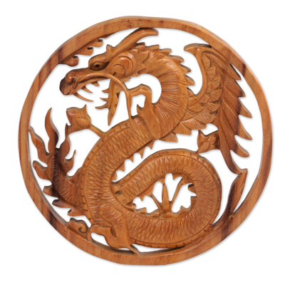 Suar Wood Wall Relief Panel of a Dragon from Indonesia