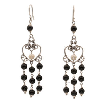 Onyx and Cultured Pearl Heart-Shaped Earrings from Bali