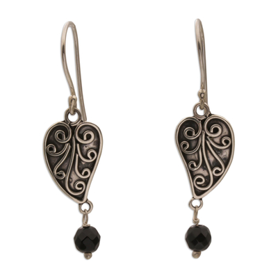 Sterling Silver and Onyx Leaf Dangle Earrings from Bali