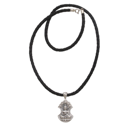 Sterling Silver and Leather Pendant Necklace of Buddha