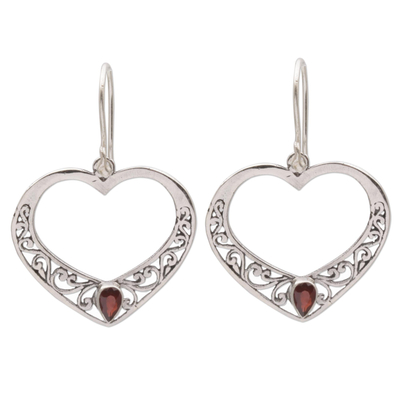 Garnet and Sterling Silver Heart Dangle Earrings from Bali