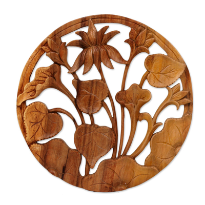 Hand Carved Suar Wood Lotus Wall Relief Panel from Bali