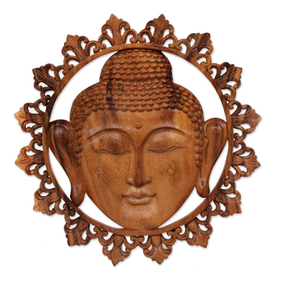 Hand Carved Buddha Face Wall Panel with Floral Engravings