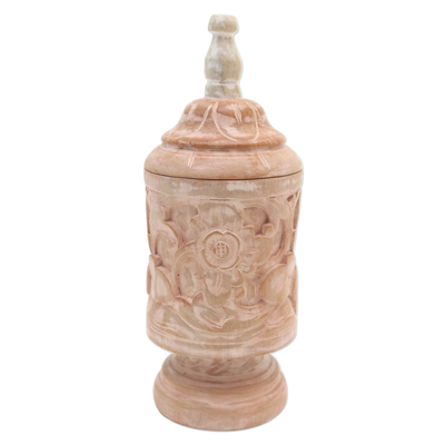 Mahogany Wood Cylindrical Decorative Jar with Floral Motifs