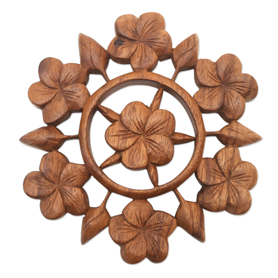 Hand Carved Floral Wood Wall Relief Panel from Indonesia