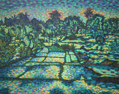 Bali Rice Field Landscape Painting in Greens and Blues