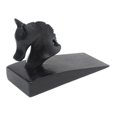 Hand Carved Suar Wood Horse Door Stopper in Black from Bali