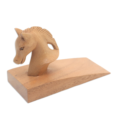 Hand Carved Suar Wood Horse Door Stopper in Brown from Bali