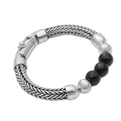 Onyx and Sterling Silver Beaded Chain Bracelet from Bali