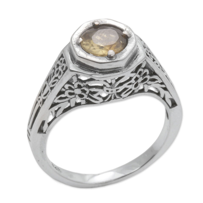 Ornate Citrine Solitaire Ring with 925 Silver Floral Cutouts