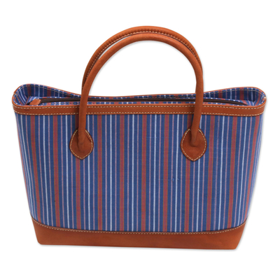 Striped Batik Leather Accent Cotton Tote Bag from Bali