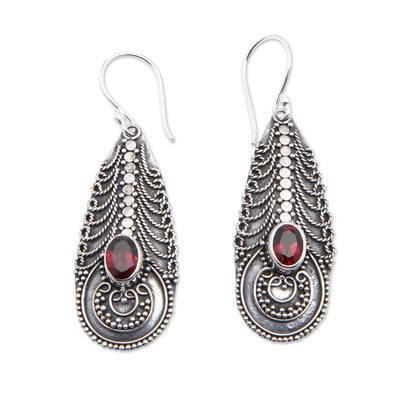 Garnet on Balinese Sterling Silver Earrings Crafted by Hand