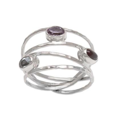 Amethyst Blue Topaz and Garnet Band Ring from Bali