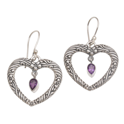 Floral Heart Amethyst and Sterling Silver Earrings from Bali
