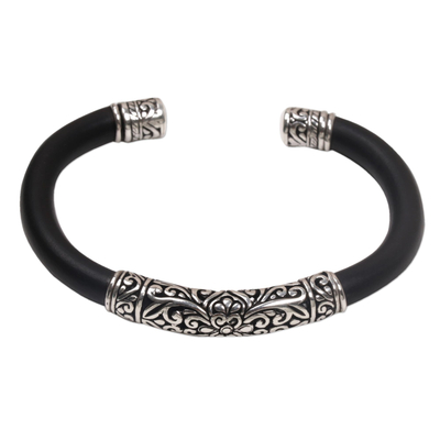 Sterling Silver and Black Rubber Cuff Bracelet from Bali
