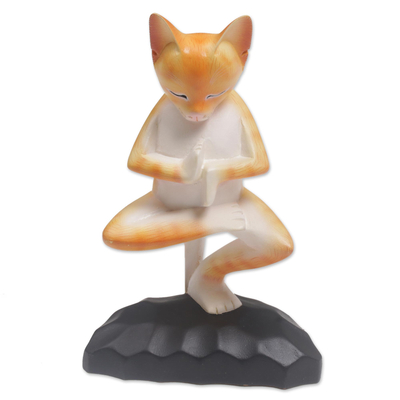 Meditating Wood Cat Statuette in Orange and White from Bali