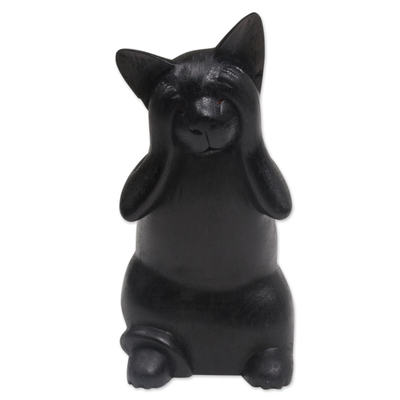 Hand-Carved Black Suar Wood Cat Sculpture from Bali