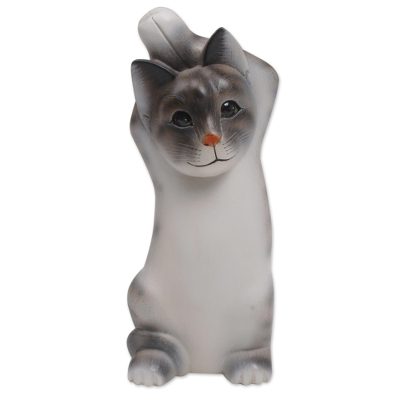 Whimsical Wood Cat Sculpture in Grey and White from Bali